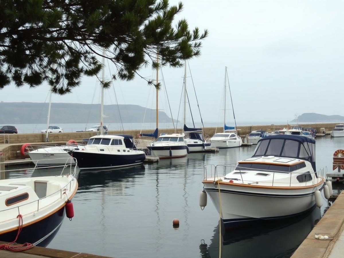 Piccolo porto con barche ormeggiate, vista dalla banchina